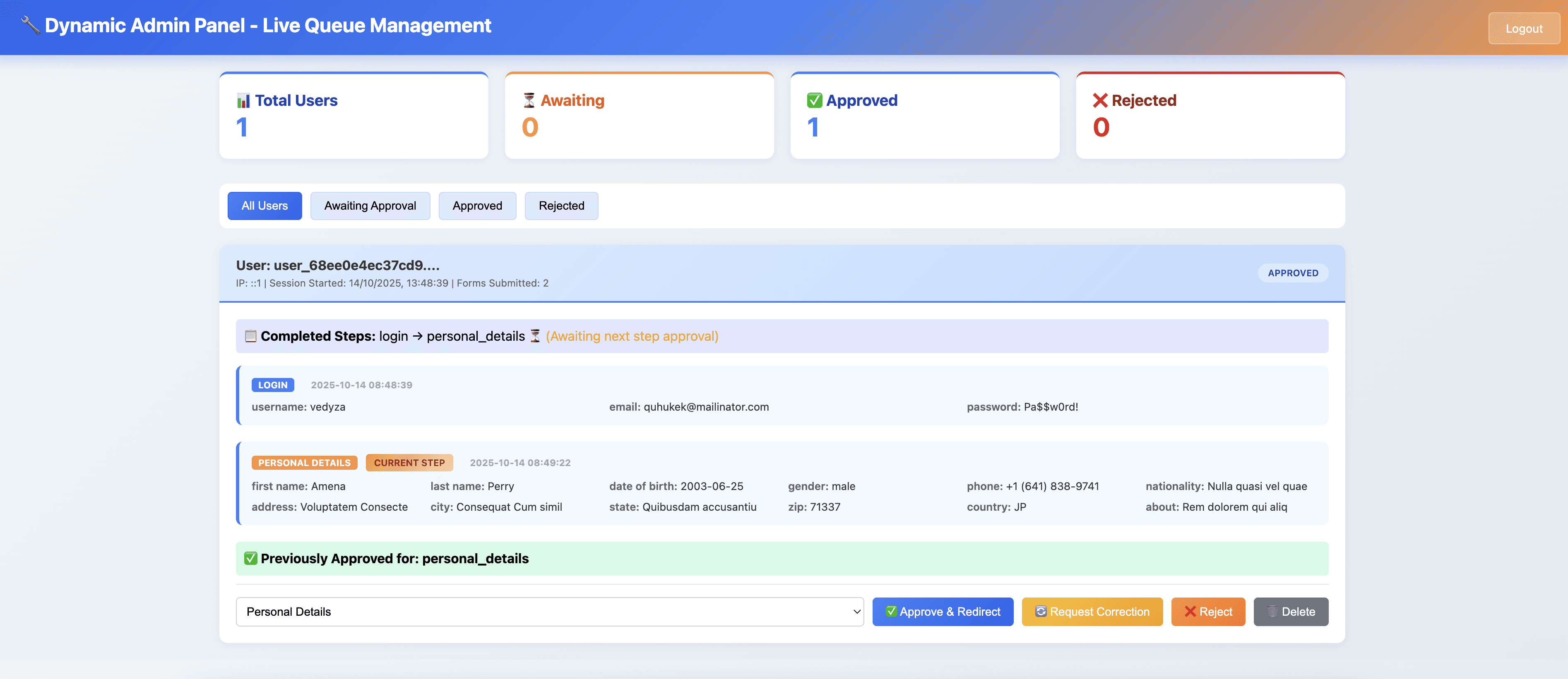 Software preview: Live Admin Panel - Real-Time User Approval System
